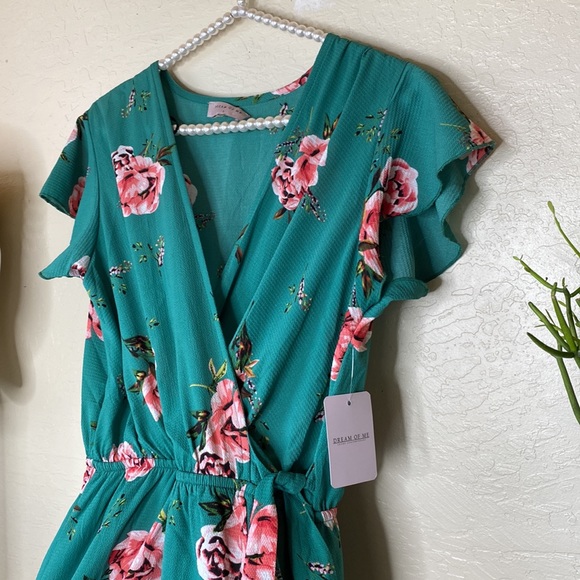 Dream Of Me emerald faux crossover dress w rose print - Picture 3 of 5